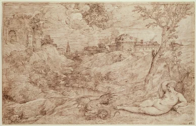 Landschaft mit einem Drachen und einer schlafenden nackten Frau